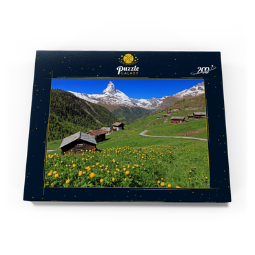 Darstellung des Puzzle Motivs Frühlingswiese mit Trollblumen (Trollius europaeus) beim Weiler Findeln gegen Matterhorn (4478m), Zermatt 200 Puzzle Schachtel Ansicht3