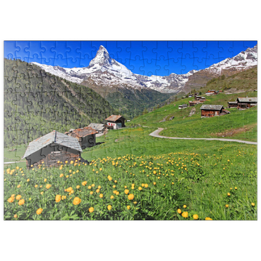 Darstellung des Puzzle Motivs puzzleplate Frühlingswiese mit Trollblumen (Trollius europaeus) beim Weiler Findeln gegen Matterhorn (4478m), Zermatt 200 Puzzle