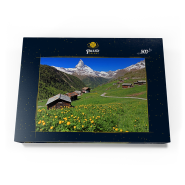 Darstellung des Puzzle Motivs Frühlingswiese mit Trollblumen (Trollius europaeus) beim Weiler Findeln gegen Matterhorn (4478m), Zermatt 500 Puzzle Schachtel Ansicht3