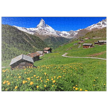 Darstellung des Puzzle Motivs puzzleplate Frühlingswiese mit Trollblumen (Trollius europaeus) beim Weiler Findeln gegen Matterhorn (4478m), Zermatt 500 Puzzle