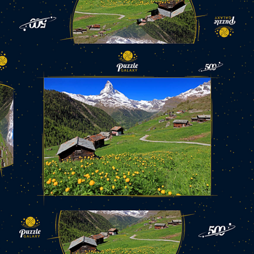 Darstellung des Puzzle Motivs Frühlingswiese mit Trollblumen (Trollius europaeus) beim Weiler Findeln gegen Matterhorn (4478m), Zermatt 500 Puzzle Schachtel 3D Modell