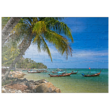 Darstellung des Puzzle Motivs puzzleplate Fischerboote am Strand von Bang Tao, Insel Phuket, Thailand 100 Puzzle