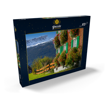 Darstellung des Puzzle Motivs Bauernhaus bei Riezlern und Hoher Ifen (2230m), Kleines Walsertal 100 Puzzle Schachtel Ansicht2