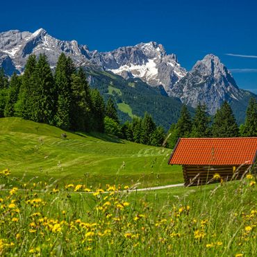 Darstellung des Puzzle Motivs Am Gschwandtnerbauer (1020m) gegen Zugspitzgruppe (2962m), Garmisch-Partenkirchen 100 Puzzle 3D Modell