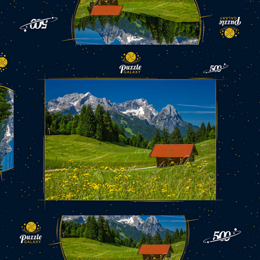 Darstellung des Puzzle Motivs Am Gschwandtnerbauer (1020m) gegen Zugspitzgruppe (2962m), Garmisch-Partenkirchen 500 Puzzle Schachtel 3D Modell