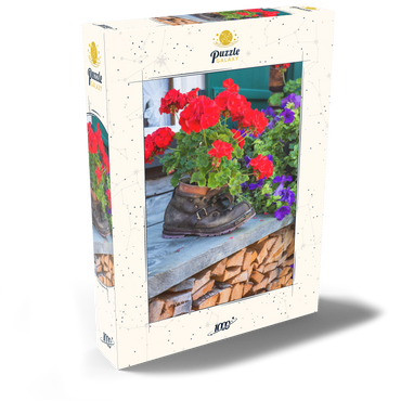 Darstellung des Puzzle Motivs Alter Wanderstiefel mit Geranien in Oberstdorf 1000 Puzzle Schachtel Ansicht2
