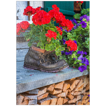 Darstellung des Puzzle Motivs puzzleplate Alter Wanderstiefel mit Geranien in Oberstdorf 1000 Puzzle