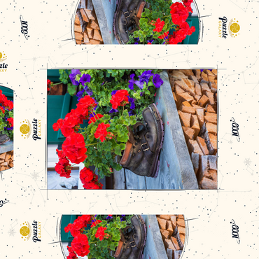 Darstellung des Puzzle Motivs Alter Wanderstiefel mit Geranien in Oberstdorf 1000 Puzzle Schachtel 3D Modell