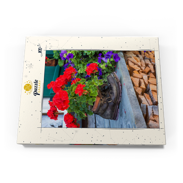 Darstellung des Puzzle Motivs Alter Wanderstiefel mit Geranien in Oberstdorf 100 Puzzle Schachtel Ansicht3