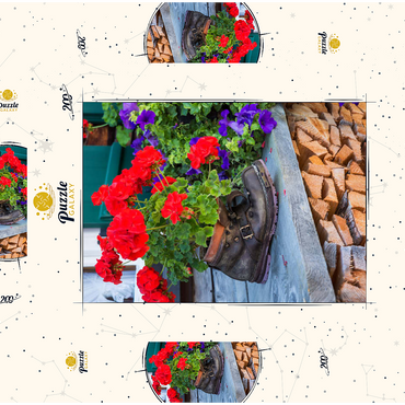 Darstellung des Puzzle Motivs Alter Wanderstiefel mit Geranien in Oberstdorf 200 Puzzle Schachtel 3D Modell
