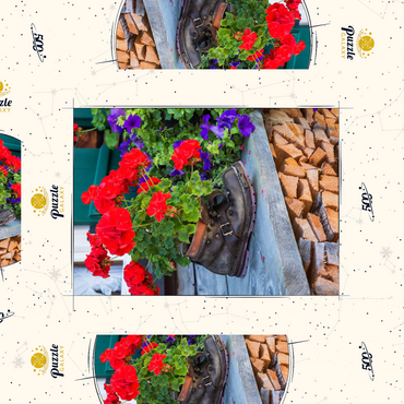 Darstellung des Puzzle Motivs Alter Wanderstiefel mit Geranien in Oberstdorf 500 Puzzle Schachtel 3D Modell