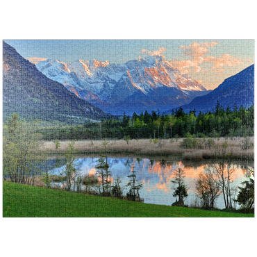 Darstellung des Puzzle Motivs puzzleplate Sieben Quellen im Loisachtal bei Eschenlohe gegen Zugspitzgruppe im Abendlicht 1000 Puzzle
