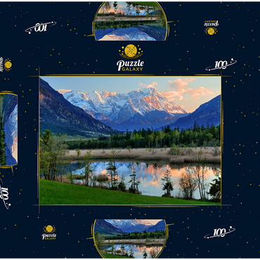 Darstellung des Puzzle Motivs Sieben Quellen im Loisachtal bei Eschenlohe gegen Zugspitzgruppe im Abendlicht 100 Puzzle Schachtel 3D Modell