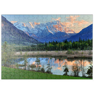Darstellung des Puzzle Motivs puzzleplate Sieben Quellen im Loisachtal bei Eschenlohe gegen Zugspitzgruppe im Abendlicht 200 Puzzle