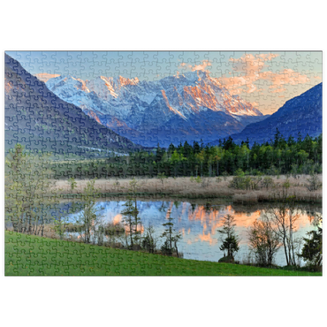 Darstellung des Puzzle Motivs puzzleplate Sieben Quellen im Loisachtal bei Eschenlohe gegen Zugspitzgruppe im Abendlicht 500 Puzzle