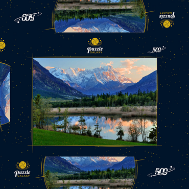 Darstellung des Puzzle Motivs Sieben Quellen im Loisachtal bei Eschenlohe gegen Zugspitzgruppe im Abendlicht 500 Puzzle Schachtel 3D Modell