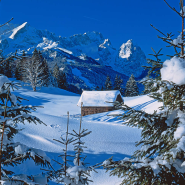 Darstellung des Puzzle Motivs Am Gschwandtnerbauer gegen Zugspitzgruppe (2962m) bei Garmisch-Partenkirchen 500 Puzzle 3D Modell