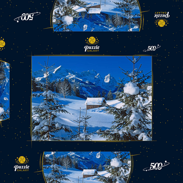 Darstellung des Puzzle Motivs Am Gschwandtnerbauer gegen Zugspitzgruppe (2962m) bei Garmisch-Partenkirchen 500 Puzzle Schachtel 3D Modell