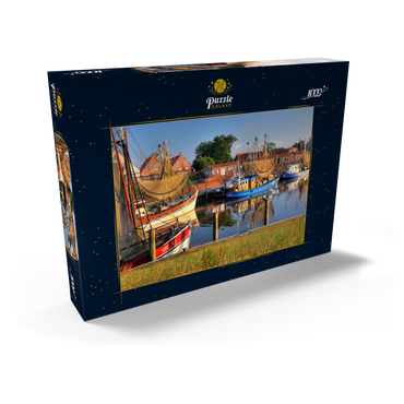 Darstellung des Puzzle Motivs Fischerhafen mit Krabbenkuttern im Morgenlicht 1000 Puzzle Schachtel Ansicht2