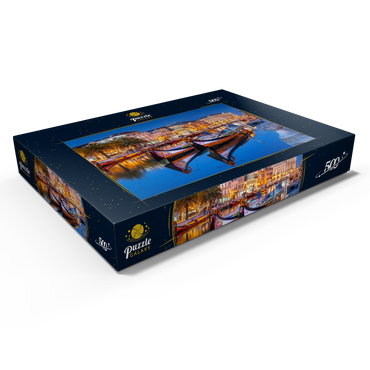 Darstellung des Puzzle Motivs Boote der moliceiros, der ehemaligen Tangfischer auf dem Kanal in der Universitätsstadt Aveiro 500 Puzzle Schachtel Ansicht1