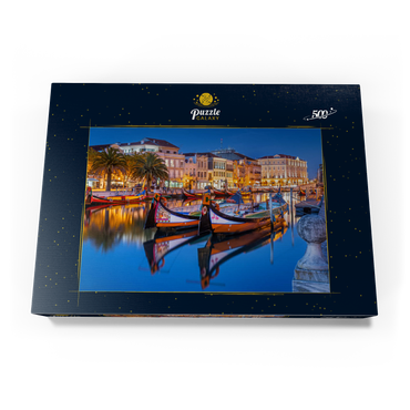 Darstellung des Puzzle Motivs Boote der moliceiros, der ehemaligen Tangfischer auf dem Kanal in der Universitätsstadt Aveiro 500 Puzzle Schachtel Ansicht3