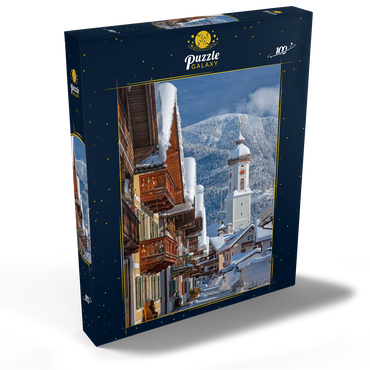 Darstellung des Puzzle Motivs Sonnenstraße mit Kirche St. Martin im Ortsteil Garmisch gegen Wank (1780m), Garmisch-Partenkirchen 100 Puzzle Schachtel Ansicht2