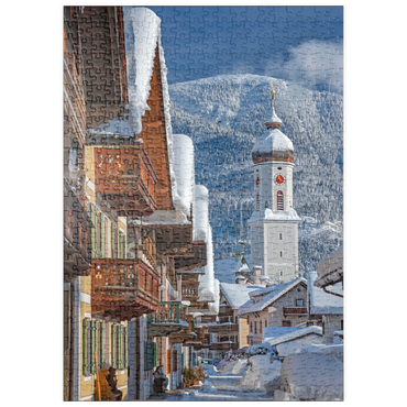 Darstellung des Puzzle Motivs puzzleplate Sonnenstraße mit Kirche St. Martin im Ortsteil Garmisch gegen Wank (1780m), Garmisch-Partenkirchen 500 Puzzle