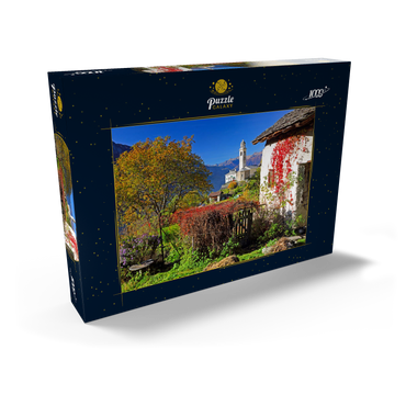 Darstellung des Puzzle Motivs Blick zur Dorfkirche im Bergdorf Soglio, Bregaglia im Bergell Tal, Engadin, Kanton Graubünden, Schweiz 1000 Puzzle Schachtel Ansicht2