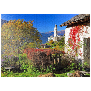 Darstellung des Puzzle Motivs puzzleplate Blick zur Dorfkirche im Bergdorf Soglio, Bregaglia im Bergell Tal, Engadin, Kanton Graubünden, Schweiz 1000 Puzzle