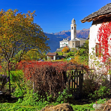 Darstellung des Puzzle Motivs Blick zur Dorfkirche im Bergdorf Soglio, Bregaglia im Bergell Tal, Engadin, Kanton Graubünden, Schweiz 1000 Puzzle 3D Modell