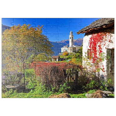 Darstellung des Puzzle Motivs puzzleplate Blick zur Dorfkirche im Bergdorf Soglio, Bregaglia im Bergell Tal, Engadin, Kanton Graubünden, Schweiz 100 Puzzle