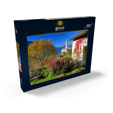 Darstellung des Puzzle Motivs Blick zur Dorfkirche im Bergdorf Soglio, Bregaglia im Bergell Tal, Engadin, Kanton Graubünden, Schweiz 200 Puzzle Schachtel Ansicht2