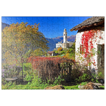 Darstellung des Puzzle Motivs puzzleplate Blick zur Dorfkirche im Bergdorf Soglio, Bregaglia im Bergell Tal, Engadin, Kanton Graubünden, Schweiz 200 Puzzle