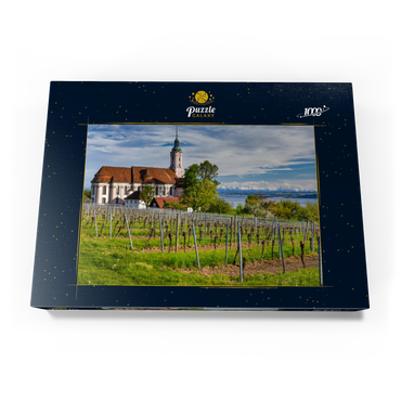 Darstellung des Puzzle Motivs Wallfahrtskirche Birnau bei Unteruhldingen am Bodensee im Frühling 1000 Puzzle Schachtel Ansicht3