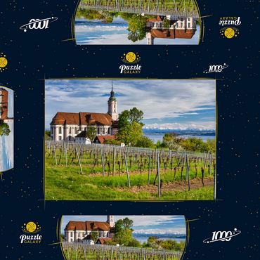 Darstellung des Puzzle Motivs Wallfahrtskirche Birnau bei Unteruhldingen am Bodensee im Frühling 1000 Puzzle Schachtel 3D Modell