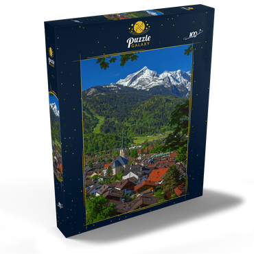 Darstellung des Puzzle Motivs Partenkirchner Pfarrkirche Maria Himmelfahrt gegen Alpspitze (2628m), Garmisch-Partenkirchen 100 Puzzle Schachtel Ansicht2