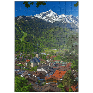 Darstellung des Puzzle Motivs puzzleplate Partenkirchner Pfarrkirche Maria Himmelfahrt gegen Alpspitze (2628m), Garmisch-Partenkirchen 100 Puzzle