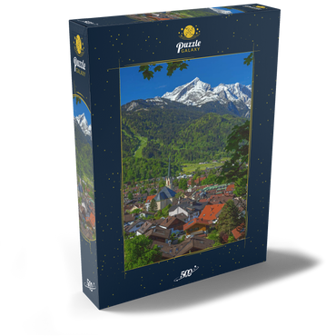 Darstellung des Puzzle Motivs Partenkirchner Pfarrkirche Maria Himmelfahrt gegen Alpspitze (2628m), Garmisch-Partenkirchen 500 Puzzle Schachtel Ansicht2