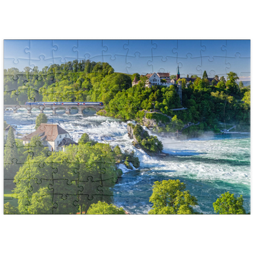 Darstellung des Puzzle Motivs puzzleplate Blick über den Rheinfall zum Schloss Laufen 100 Puzzle