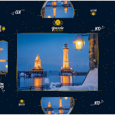 Darstellung des Puzzle Motivs Hafeneinfahrt mit Leuchtturm und Löwenstatue an einem Winterabend, Lindau 100 Puzzle Schachtel 3D Modell