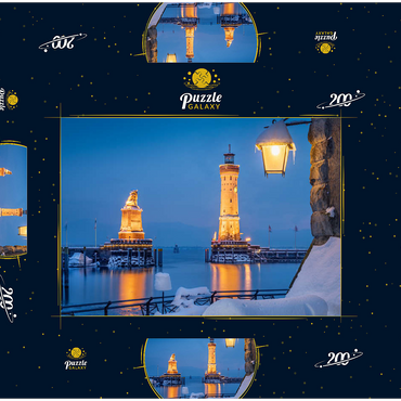 Darstellung des Puzzle Motivs Hafeneinfahrt mit Leuchtturm und Löwenstatue an einem Winterabend, Lindau 200 Puzzle Schachtel 3D Modell
