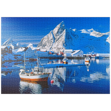 Darstellung des Puzzle Motivs puzzleplate Sakrisoy Hafen bei Reine mit Olstinden (674m) 1000 Puzzle