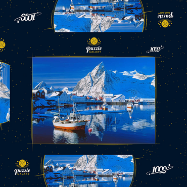 Darstellung des Puzzle Motivs Sakrisoy Hafen bei Reine mit Olstinden (674m) 1000 Puzzle Schachtel 3D Modell