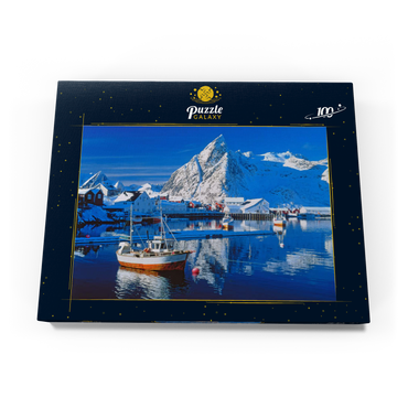 Darstellung des Puzzle Motivs Sakrisoy Hafen bei Reine mit Olstinden (674m) 100 Puzzle Schachtel Ansicht3