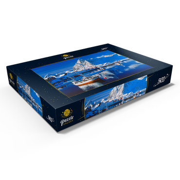 Darstellung des Puzzle Motivs Sakrisoy Hafen bei Reine mit Olstinden (674m) 500 Puzzle Schachtel Ansicht1