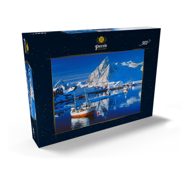 Darstellung des Puzzle Motivs Sakrisoy Hafen bei Reine mit Olstinden (674m) 500 Puzzle Schachtel Ansicht2