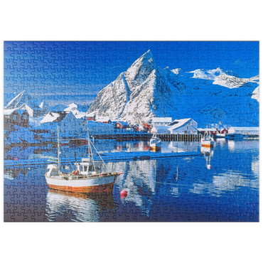 Darstellung des Puzzle Motivs puzzleplate Sakrisoy Hafen bei Reine mit Olstinden (674m) 500 Puzzle