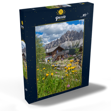 Darstellung des Puzzle Motivs Schatzerhütte (2004m) gegen Aferer Geisler, Plose, Brixen, Dolomiten, Trentino-Südtirol, Italien 100 Puzzle Schachtel Ansicht2