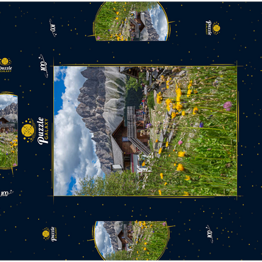 Darstellung des Puzzle Motivs Schatzerhütte (2004m) gegen Aferer Geisler, Plose, Brixen, Dolomiten, Trentino-Südtirol, Italien 100 Puzzle Schachtel 3D Modell