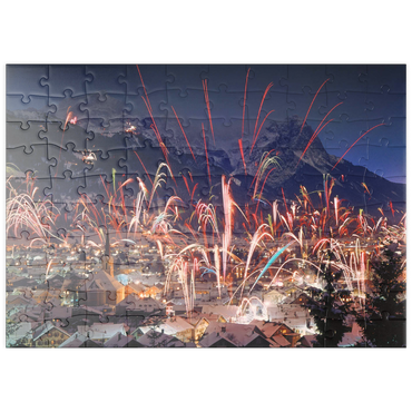 Darstellung des Puzzle Motivs puzzleplate Feuerwerk über Garmisch-Partenkirchen, Oberbayern, Bayern, Deutschland 100 Puzzle